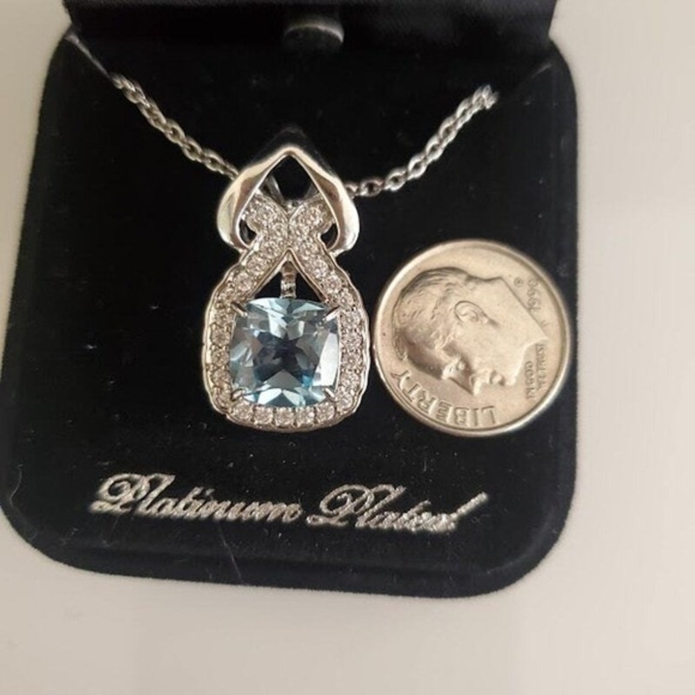 Gold Coast Cushion Cut Faux Aquamarine Halo Necklace Platinum Plated Gift - Picture 7 of 8